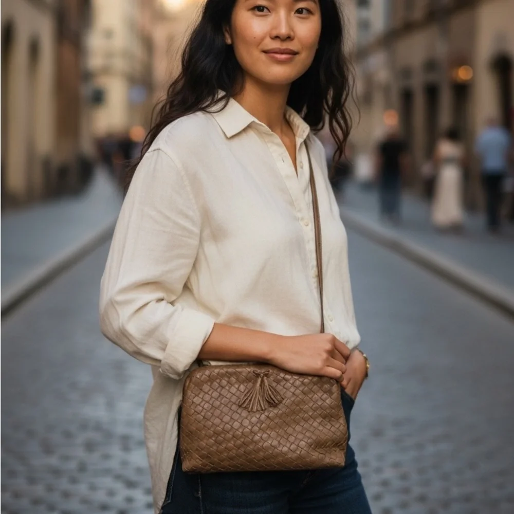 Chic Taupe Woven Leather Crossbody Bag - Picture 2 of 7